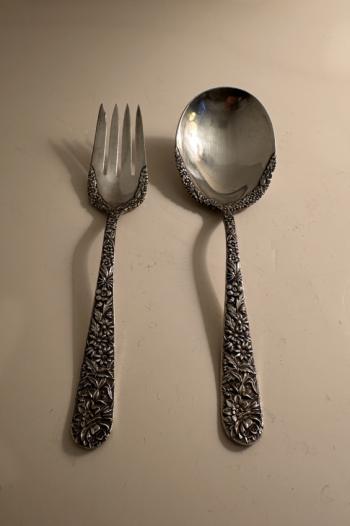 Image of Antique S Kirk and Son sterling silver salad applied lacing  set c1896