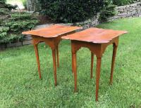 Pair of tiger maple porringer top tables in Queen Anne style