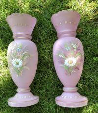 Pair of Victorian Bristol glass hand painted vases