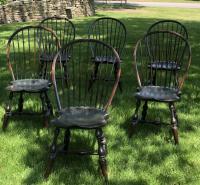 Set of 6 D R Dimes Windsor chairs in black paint