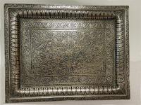 Antique 19thc Persian Ghalam Zani rectangular Niello tray