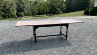 D R Dimes tiger maple trestle table with two leaves
