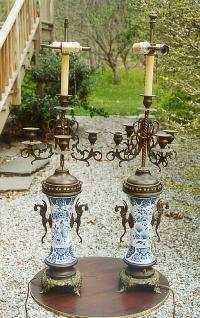 Pair of bronze mounted Delft Porcelain Candleabra Lamps