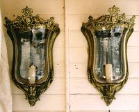 Pair of English Victorian crested brass and blown glass wall sconces