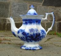 Antique English Challinor Shell pattern Flow blue porcelain teapot