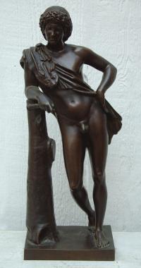 Antique Bronze Cast Sculpture Nude Man with a Horn