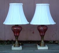 Antique 19th Century Cranberry Glass Pair of Electrified Oil Lamps