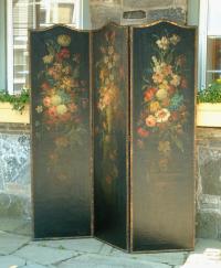 Antique Leather Screen with still life hand painted floral paintings