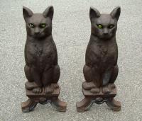 Antique Cast Iron Cat Andirons with green marble glass eyes