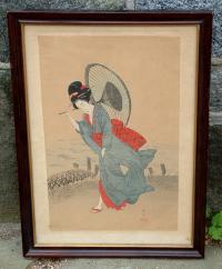 Antique Japanese Woodblock Print Beauty in the Rain