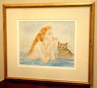 Leonard Tsuguharu Foujita Japanese Watercolor Woman and Cat