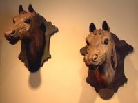 Pair Horse head sculptures painted wood c1860