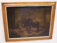 Antique English Painting of two donkeys in a barn c1860