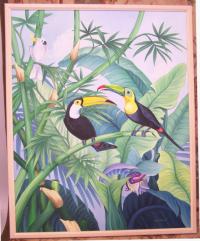 Oil on canvas of toucans and cockatiel by Maria A Rameri