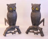Antique Cast Iron Owl Andirons 1887 with glass eyes