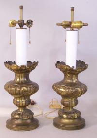 Pair of antique tin repousse Continental lamps c1840
