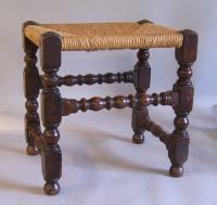Early English country oak joint stool with rush seat c1750