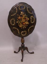 Victorian paper mache tilt top table with inlaid shells c1875