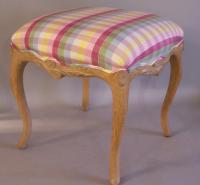 Square hand carved wood bench pink plaid upholstery from Wicker Works