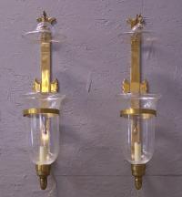 Pair large brass wall sconces with tulip globes and smoke bells