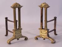 Pair French Neo Classical style double pillar fireplace Chenets