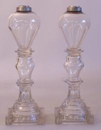 Pr antique Sandwich glass clear blown and cut glass oil lamps