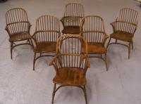 Set of six reproduction English Windsor elm arm chairs
