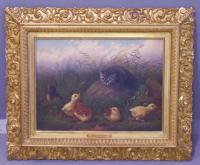 Howard Hill oil on canvas painting of a cat with chicks