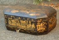 Antique paper mache chinoiserie sewing box c1840