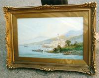 Italian art lake scene watercolor F. Catano