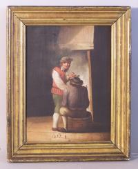 European oil painting on board man with a pipe c1840