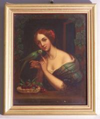 Charles Louis Bazin 1802 to 1859 woman with parrot painting on metal