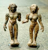 Carved pair of wood temple figures from India