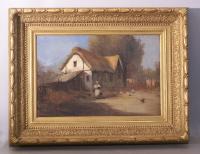 19thC French country cottage scene woman with chickens