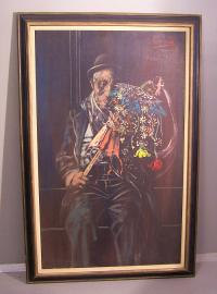 Noel Rockmore oil on canvas painting of a clown with flowers1963