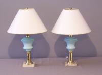 Pair French blue opaline glass oil lamps