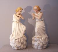19th c. French hand carved  painted wood figures of angels 1860