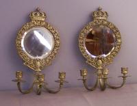 Early English brass 3 light, mirrored wall sconces c1800
