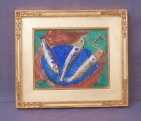 Theo Hios painting of fish  acrylic on canvas over board