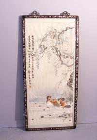 Chinese 19thc silk embroidery of waterfowl among wisteria