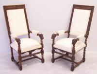 Pair of rams head upholstered arm chairs Flemish 19thc