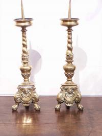 Pair brass twist column candlesticks with tripod bases c1700