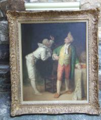French oil on board operatic scene with clown and gentleman
