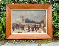 English oil on canvas 19th Century Snow ball fight