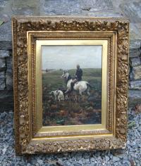 A W Kowalski oil on canvas man on horse back with dogs c1880