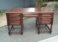 Jacobean style desk, leather top, turned legs c1900