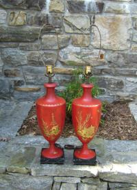 Pair red toleware urn form lamps c1920 to 1950