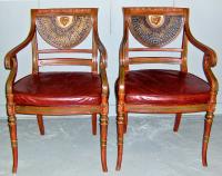 English Regency style painted gilt decorated scroll armchairs c1910