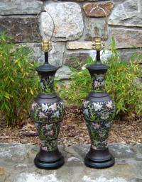 Pair of bronze and enamel lamps c1920