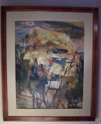 G W Chang village mountain scene oil on canvas